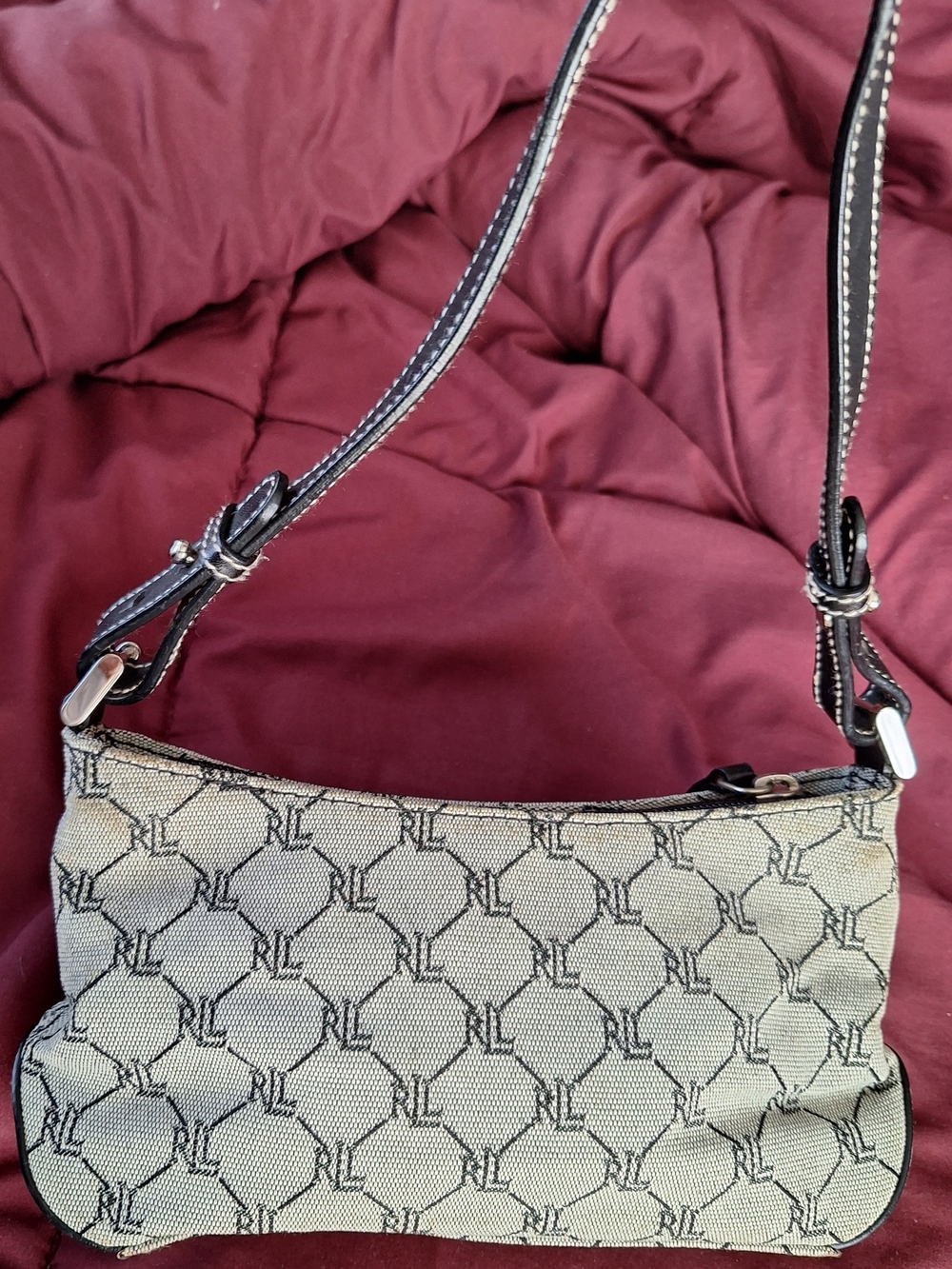 Ralph Lauren Beige Monogram Mini Shoulder Bag with Black Strap